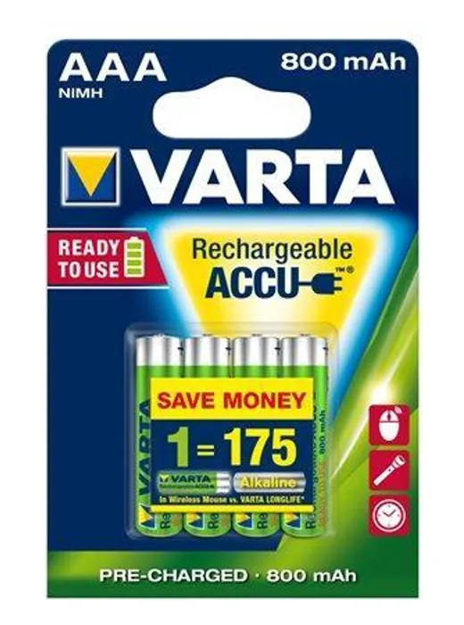 Główne zdjęcie produktu Nabíjecí baterie, AAA (mikrotužková), 4x800 mAh, přednabité, VARTA "Longlife Accu"