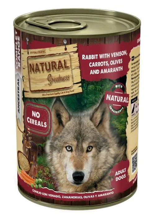 Główne zdjęcie produktu Natural Greatness králík, zvěřina, mrkev, olivy, amarant konzerva pro psy 400 g
