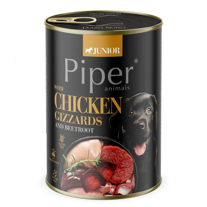 Główne zdjęcie produktu NEW PIPER JUNIOR s kuřecími žaludky a červenou řepou, konzerva pro štěňata, 400 g