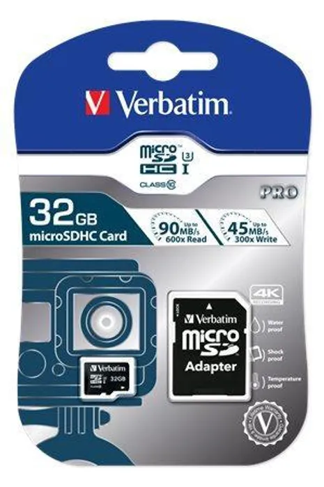 Główne zdjęcie produktu Paměťová karta, microSDHC, 32GB, Class 10 UHS I, s adaptérem, VERBATIM "PRO"