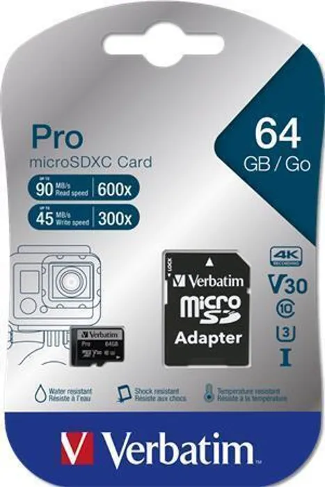 Główne zdjęcie produktu Paměťová karta, microSDXC, 64GB, Class 10 USH-I, s adaptérem, VERBATIM "PRO"