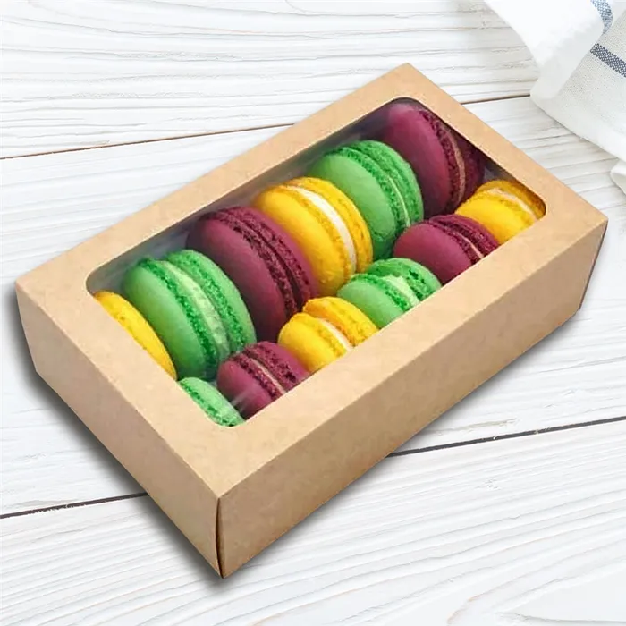 Główne zdjęcie produktu Papírová krabička EKO na makronky 180x110x55 mm hnědá s okénkem [50 ks]