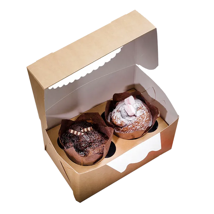 Główne zdjęcie produktu Papírová krabička EKO na muffiny 100x160x100 mm hnědá s okénkem [25 ks]