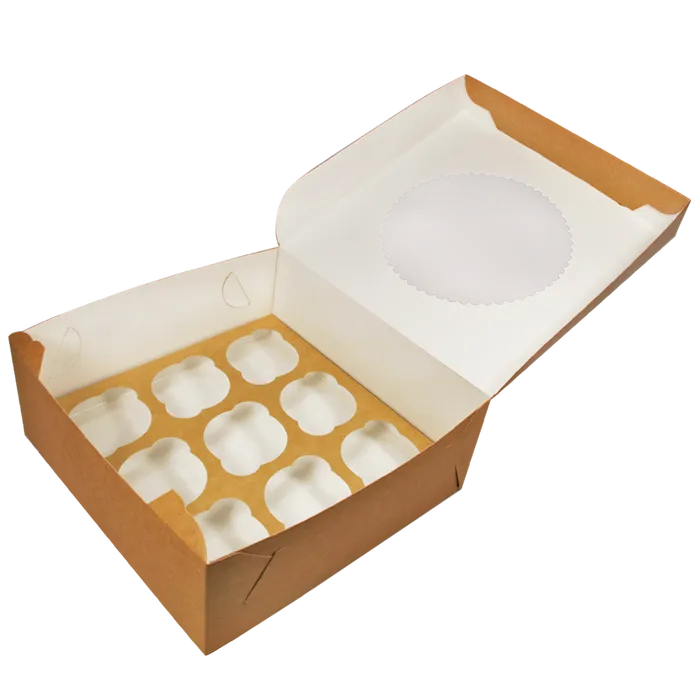 Główne zdjęcie produktu Papírová krabička EKO na muffiny 250x250x100 mm hnědá s okénkem [25 ks]