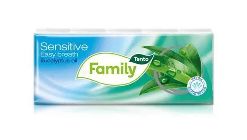 Główne zdjęcie produktu Papírové kapesníky "Sensitive Easy Breath", eukalyptový olej, 3 vrstvé, 10x10 ks, TENTO
