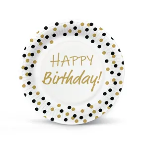 Talerz papierowy (FSC Mix) Birthday Confetti - gold-black O23cm [8 szt]