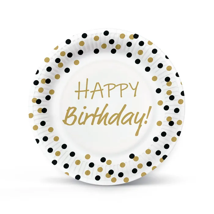 Główne zdjęcie produktu Papírový talíř (FSC Mix) Birthday Confetti - gold-black O23cm [8 ks]