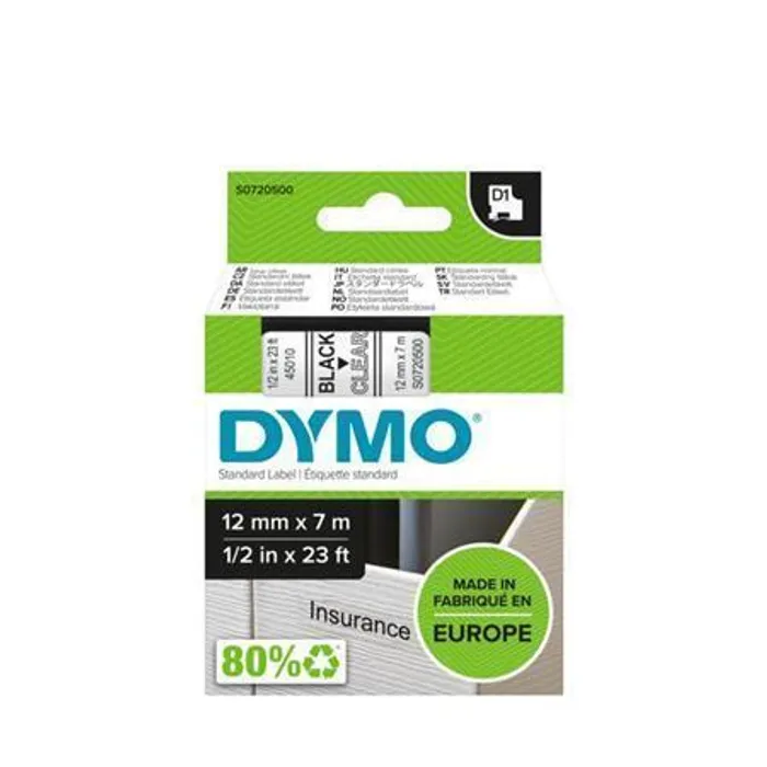 Główne zdjęcie produktu Páska, 12 mm x 7 m, DYMO "D1", průhledná-černá