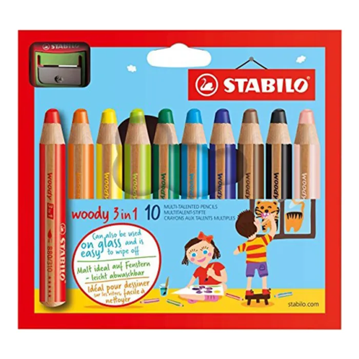 Główne zdjęcie produktu Pastelka, vodovka & voskovka v jednom STABILO woody 3 in 1 - 10 ks sada s ořezávátkem
