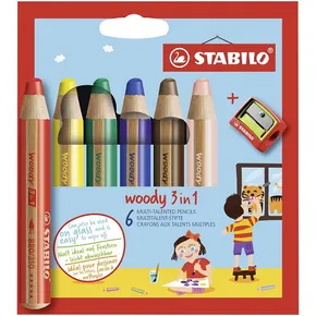 Kredka, linia wodna i pisak woskowy w jednym STABILO woody 3 w 1 - zestaw 6 szt. z temperówką