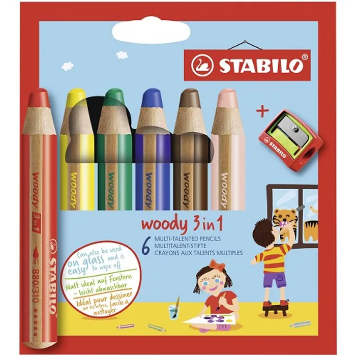 Główne zdjęcie produktu Pastelka, vodovka & voskovka v jednom STABILO woody 3 in 1 - 6 ks sada s ořezávátkem