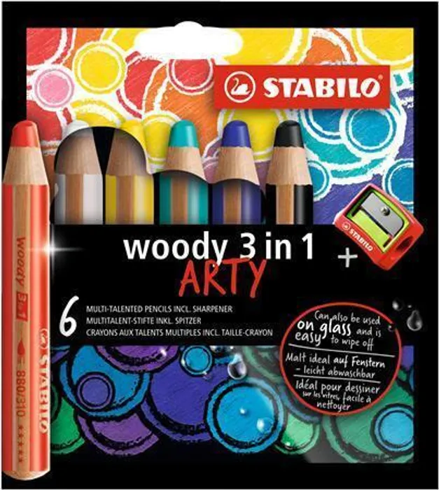 Główne zdjęcie produktu Pastelka, vodovka & voskovka v jednom STABILO woody 3 in 1 ARTY 6 ks sada s ořezávátkem