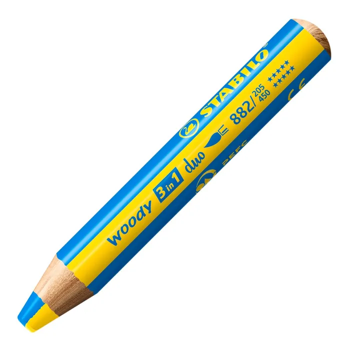 Główne zdjęcie produktu Pastelka, vodovka & voskovka v jednom STABILO woody 3 in 1 duo - žlutá/azurová modrá
