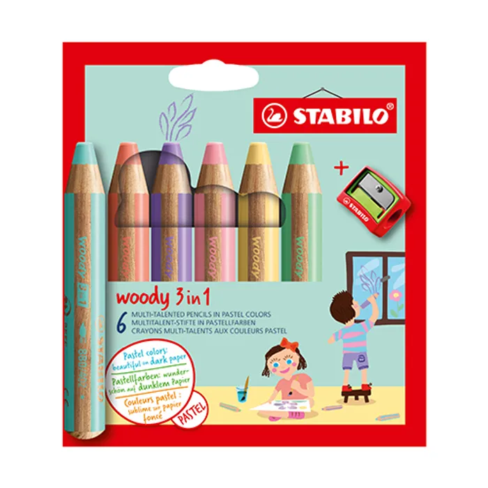 Główne zdjęcie produktu Pastelka, vodovka & voskovka v jednom STABILO woody 3 in 1 PASTEL - 6 ks s ořezávátkem