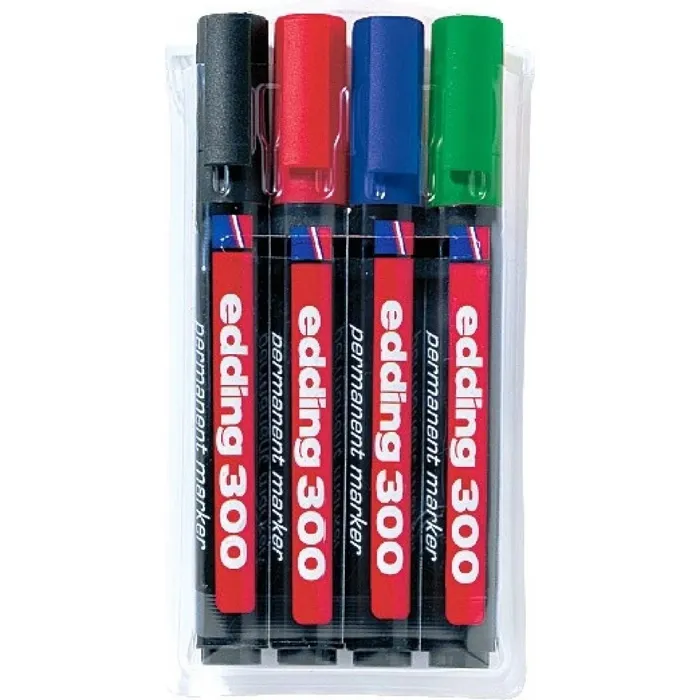 Główne zdjęcie produktu Permanentní popisovač "300", 4 barvy, 1,5-3mm, kuželový hrot, EDDING