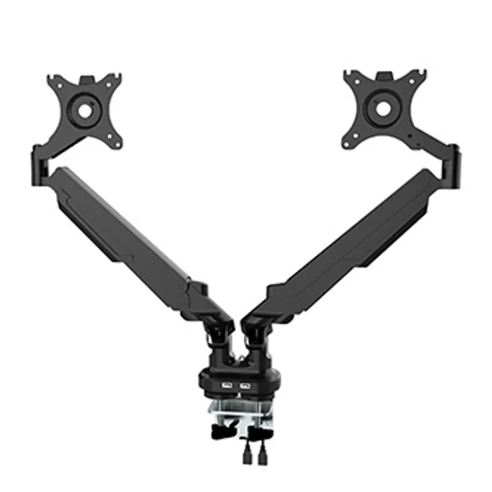 Główne zdjęcie produktu Polohovatelný držák pro 2 monitory, 2-9KG, svorka a průchodka stolu, 17"-32", U