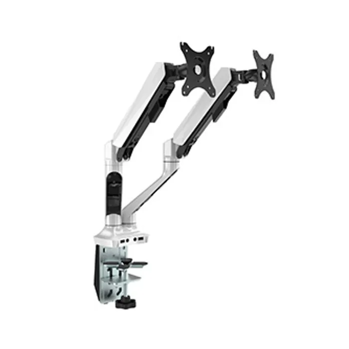 Główne zdjęcie produktu Polohovatelný držák pro 2 monitory, 2-9KG, svorka a průchodka stolu, 17"-30", U