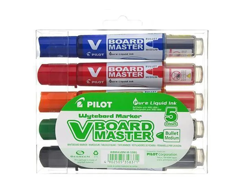 Główne zdjęcie produktu Popisovače "V-Board Master" na bílou tabuli – sada, 5 barev, kuželový hrot, 2,3 mm, PILOT