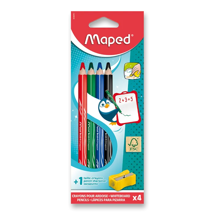 Główne zdjęcie produktu Popisovací tužka na tabuli Maped dry-erasable 4 barvy + ořezávátko