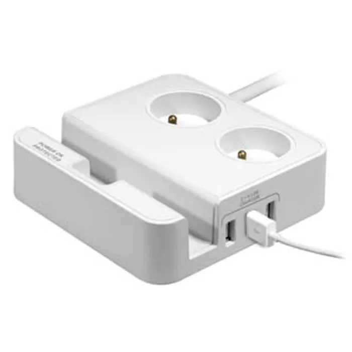 Główne zdjęcie produktu Přepěťová ochrana, 2 zásuvky, bílá, Logo, 3x USB, se stojánkem na tablet,mobil