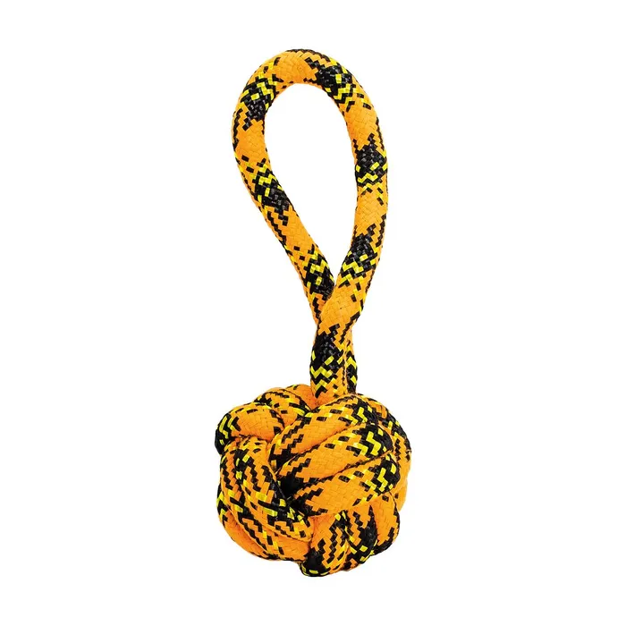 Główne zdjęcie produktu Přetahovadlo s uzlovaným míčem HipHop ROPE o 7cm /20 cm, neon oranžová, černá, žlutá