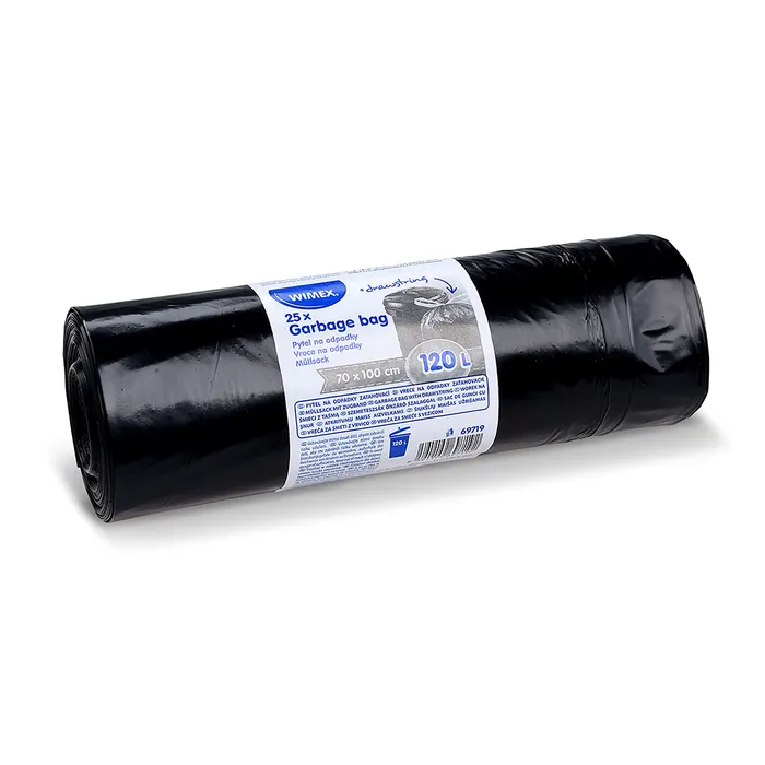 Główne zdjęcie produktu Pytel na odpadky (LDPE) zatahovací černý 70 x 100 cm 120L [25 ks]