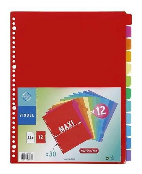 Główne zdjęcie produktu Rozlišovače, plastové, A4 Maxi, 12 částí, VIQUEL