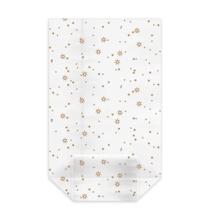 Główne zdjęcie produktu Sáček čirý celofán (OPP) s křížovým dnem Hvězdy zlaté 16 x 27 + 6,5 cm [100 ks]