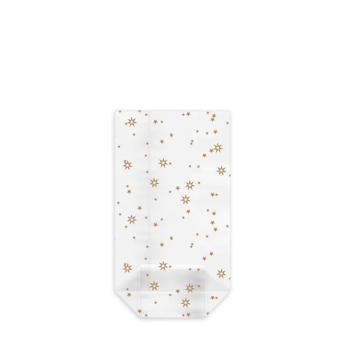 Główne zdjęcie produktu Sáček čirý celofán (OPP) s křížovým dnem Hvězdy zlaté 9,5 x 16 + 4 cm [100 ks]