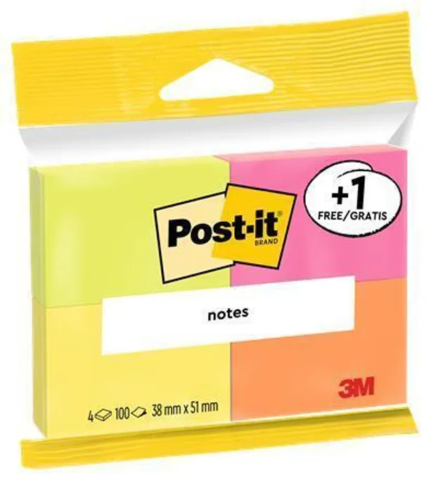 Główne zdjęcie produktu Samolepicí bloček, 38x51 mm, 100 listů, 3M POSTIT, neon