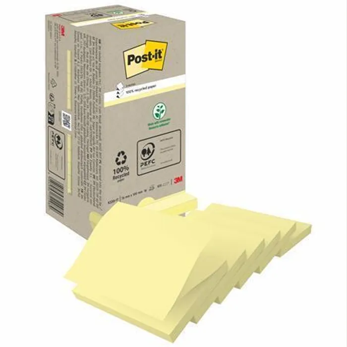 Główne zdjęcie produktu Samolepící bloček, 76x76 mm, 100 lístků, recyklovaný, 3M POSTIT, žlutý