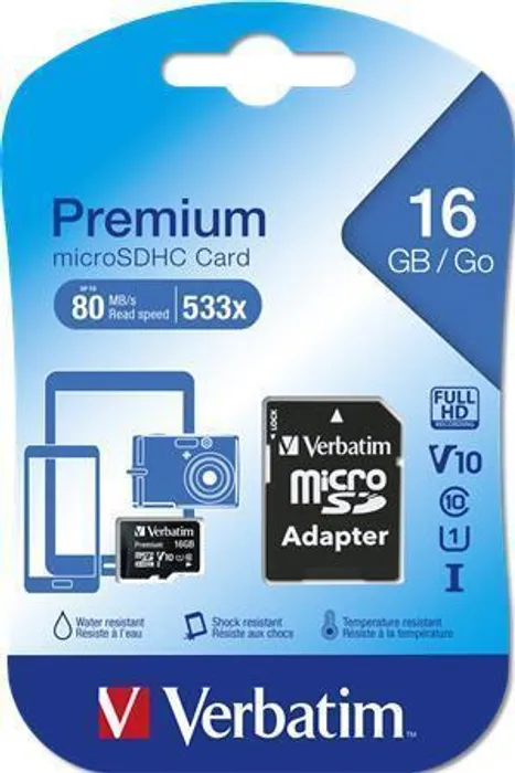 Główne zdjęcie produktu SecureDigital SDHC 16GB micro paměťová karta , Class 10, s adaptérem, Verbatim