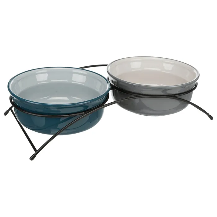 Główne zdjęcie produktu Set keramických misek v kovovém stojánku, 2 × 0.25 l/o 13 cm, petrolejová/šedá