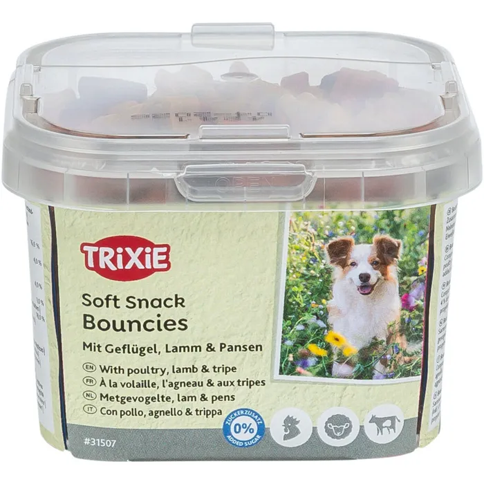Główne zdjęcie produktu Soft Snack BOUNCIES mini kostičky kuřecí, jehněčí, dršťky 140 g