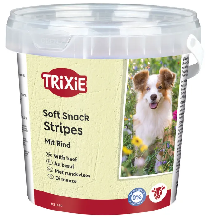 Główne zdjęcie produktu Soft Snack Happy Stripes - hovězí pásky, kyblík 500 g