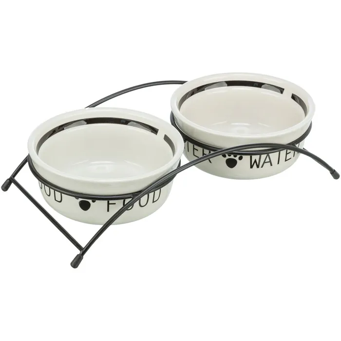 Główne zdjęcie produktu Stojánek s bílými keramickými miskami s kostí 2x0,25 l/13 cm