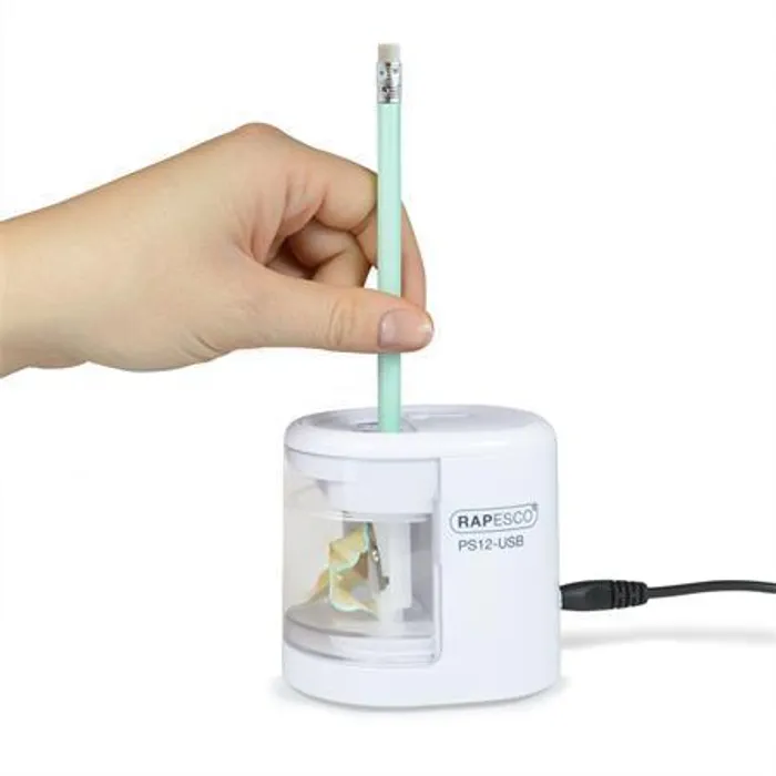 Główne zdjęcie produktu Stolní ořezávátko "PS12-USB", bílá, 2 otvory, baterie/USB, RAPESCO