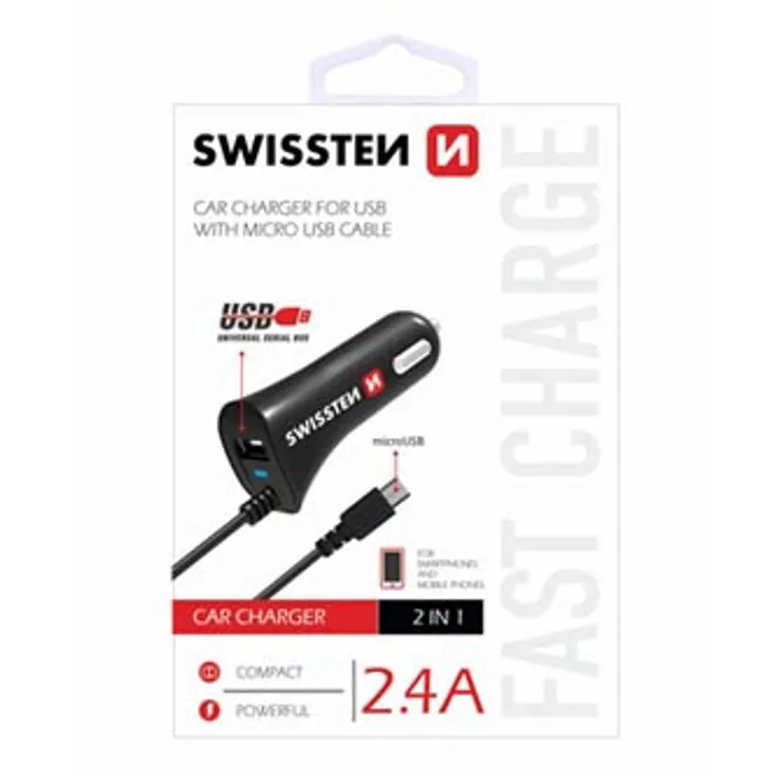 Główne zdjęcie produktu SWISSTEN, micro USB auto nabíječka, 1x konektor + USB port 12V, 5V, 2400mA, nabíjení mobi