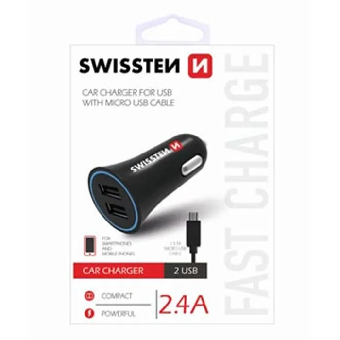 Główne zdjęcie produktu SWISSTEN, micro USB auto nabíječka, + USB kabel (A male-micro) 12V, 5V, 2400mA, nabíjení
