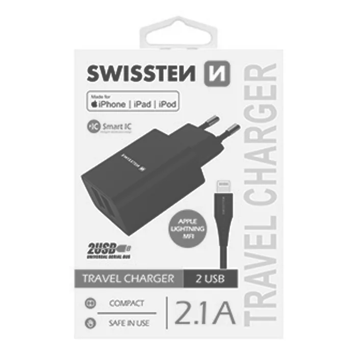 Główne zdjęcie produktu SWISSTEN, Síťový adaptér, s Lightning kabelem (MFi certifikace), 100-240V, 5V, 2100mA, na