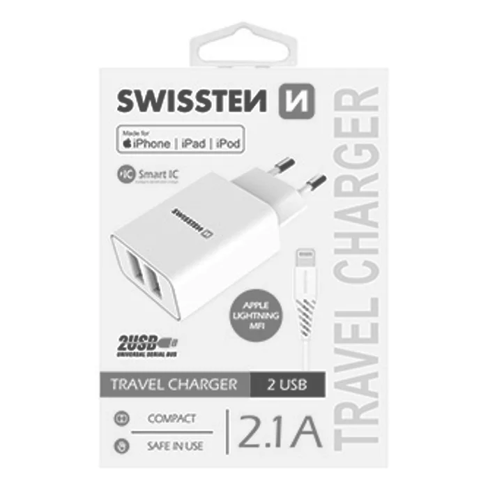 Główne zdjęcie produktu SWISSTEN, Síťový adaptér, s Lightning kabelem (MFi certifikace), 100-240V, 5V, 2100mA, na