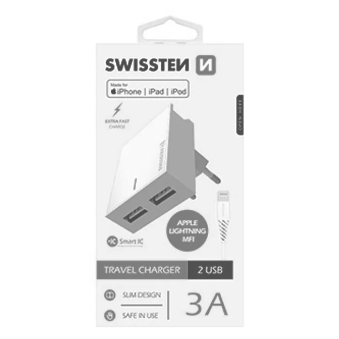Główne zdjęcie produktu SWISSTEN, Síťový adaptér, s Lightning kabelem (MFi certifikace), 100-240V, 5V, 3000mA, na