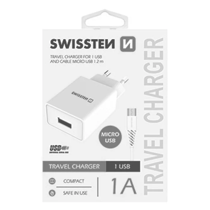 Główne zdjęcie produktu SWISSTEN, Síťový adaptér, s microUSB kabelem, 100-240V, 5V, 1000mA, nabíjení mobilních te