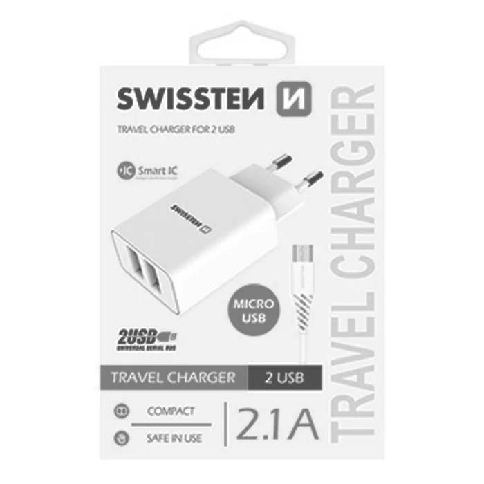 Główne zdjęcie produktu SWISSTEN, Síťový adaptér, s microUSB kabelem, 100-240V, 5V, 2100mA, nabíjení mobilních te
