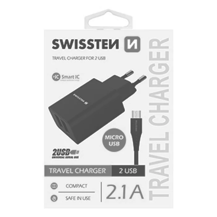 Główne zdjęcie produktu SWISSTEN, Síťový adaptér, s microUSB kabelem, 100-240V, 5V, 2100mA, nabíjení mobilních te