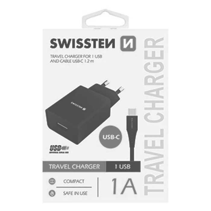 Główne zdjęcie produktu SWISSTEN, Síťový adaptér, s USB-C kabelem, 100-240V, 5V, 1000mA, nabíjení mobilních telef