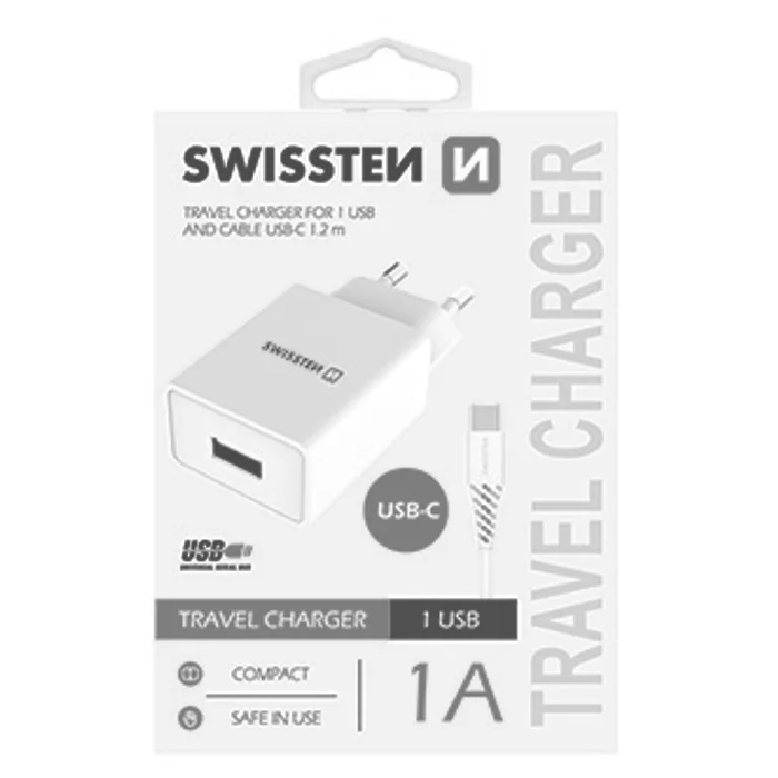 Główne zdjęcie produktu SWISSTEN, Síťový adaptér, s USB-C kabelem, 100-240V, 5V, 1000mA, nabíjení mobilních telef