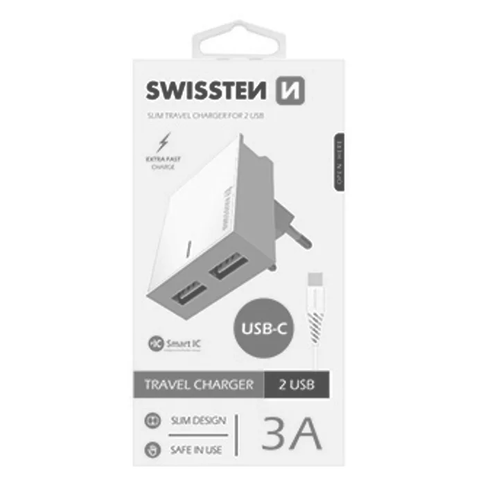 Główne zdjęcie produktu SWISSTEN, Síťový adaptér, s USB-C kabelem, 100-240V, 5V, 3000mA, nabíjení mobilních telef