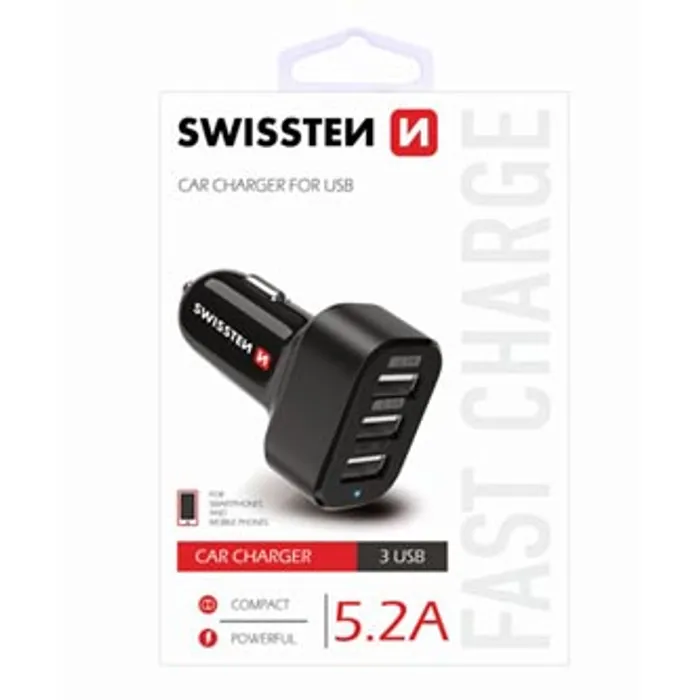 Główne zdjęcie produktu SWISSTEN, USB auto nabíječka, 3x USB port, 12V, 5V, 5200mA, nabíjení mobilních telefonů a