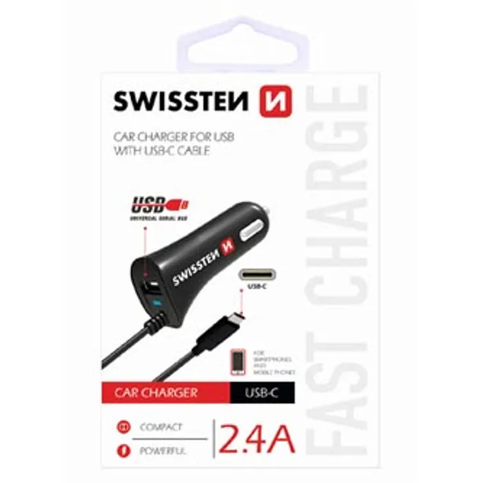 Główne zdjęcie produktu SWISSTEN, USB C- auto nabíječka, 1x konektor (USB C)+ USB port 12V, 5V, 2400mA, nabíjení